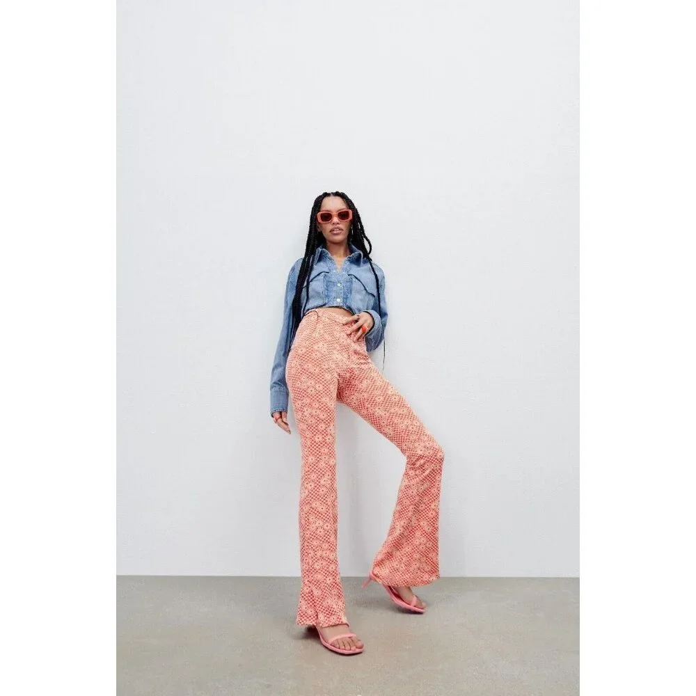 NEW ZARA Orange Daisy Print Flare Bottom Pants Size S Boho Hippie 70s Peace - Picture 7 of 7